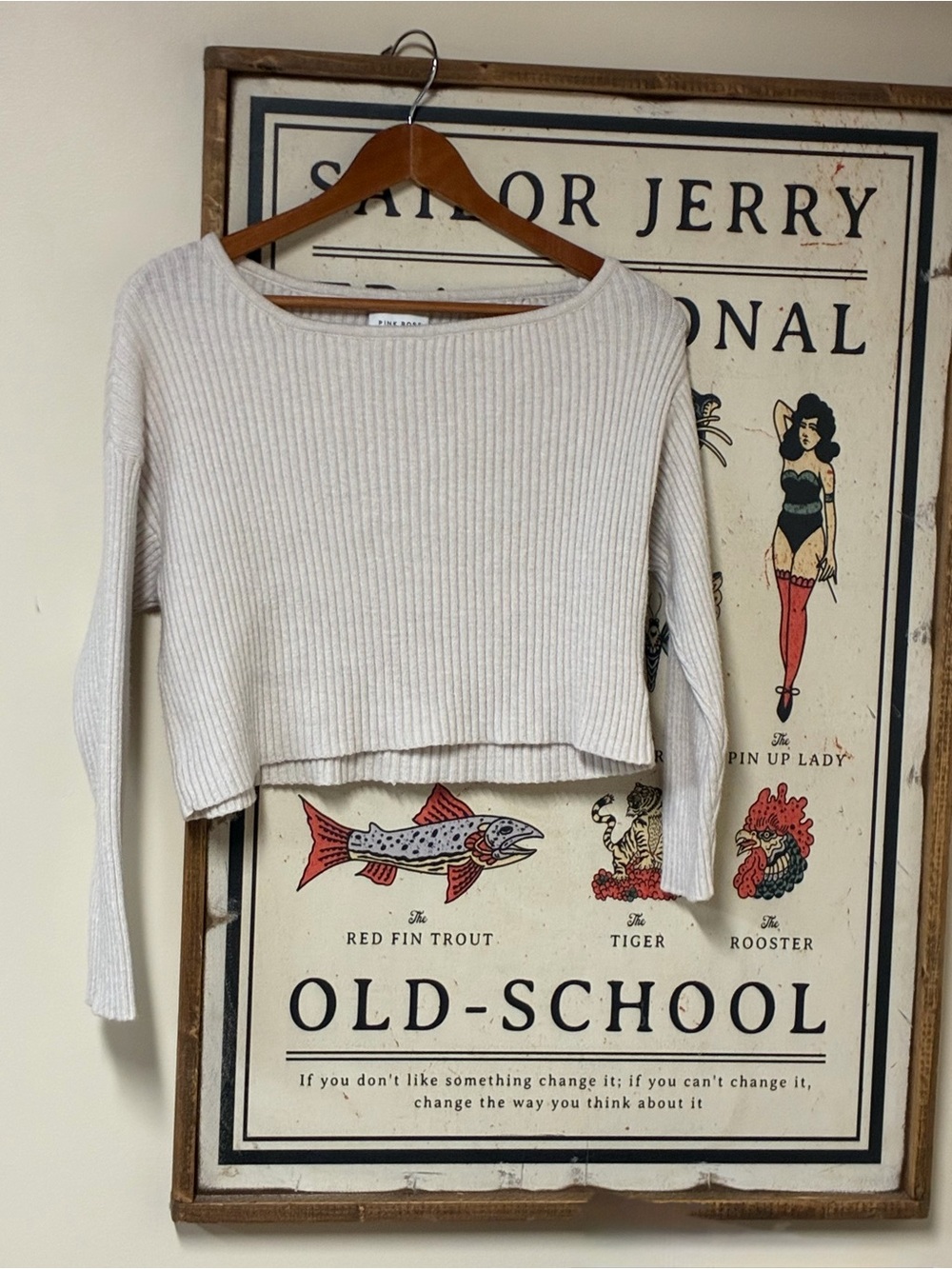 Pink Rose Ivory Ribbed Cropped Sweater Long Sleeve Size Large